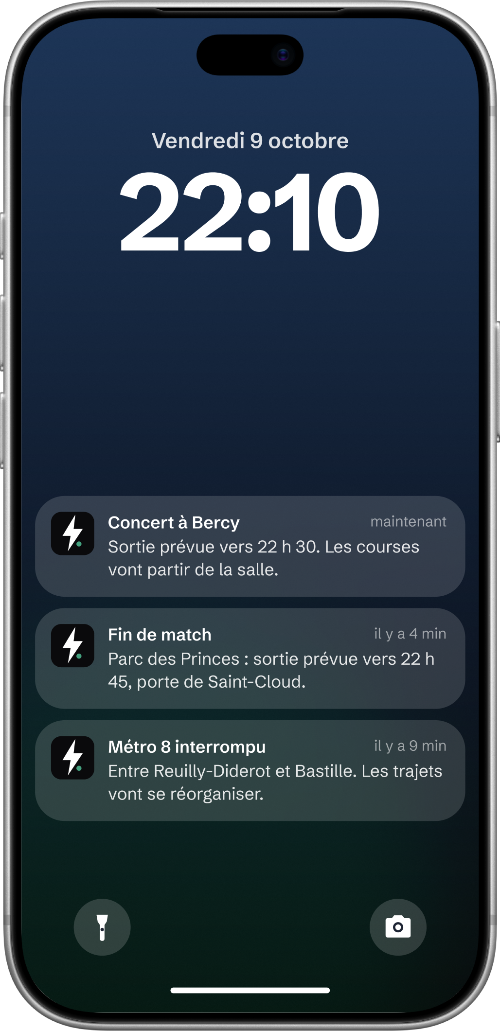 L’écran verrouillé à 22 h 10 avec trois alertes PiloteDrive : concert à Bercy, fin de match au Parc des Princes, métro 8 interrompu.
