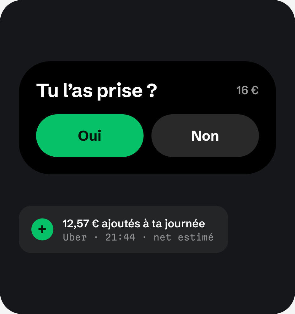 La question « Tu l’as prise ? » avec les boutons Oui et Non, puis 12,57 € ajoutés à ta journée.