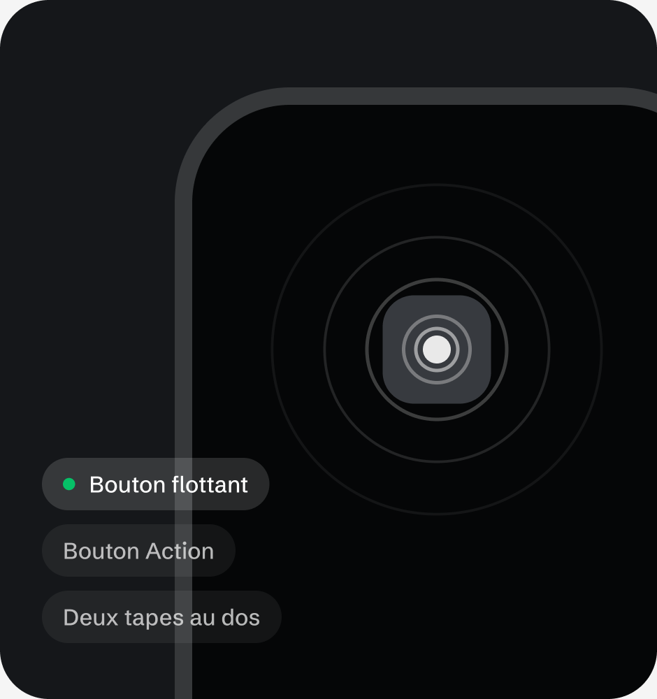 Le bouton flottant d’AssistiveTouch sur l’écran, avec le bouton Action et les deux tapes au dos en alternative.